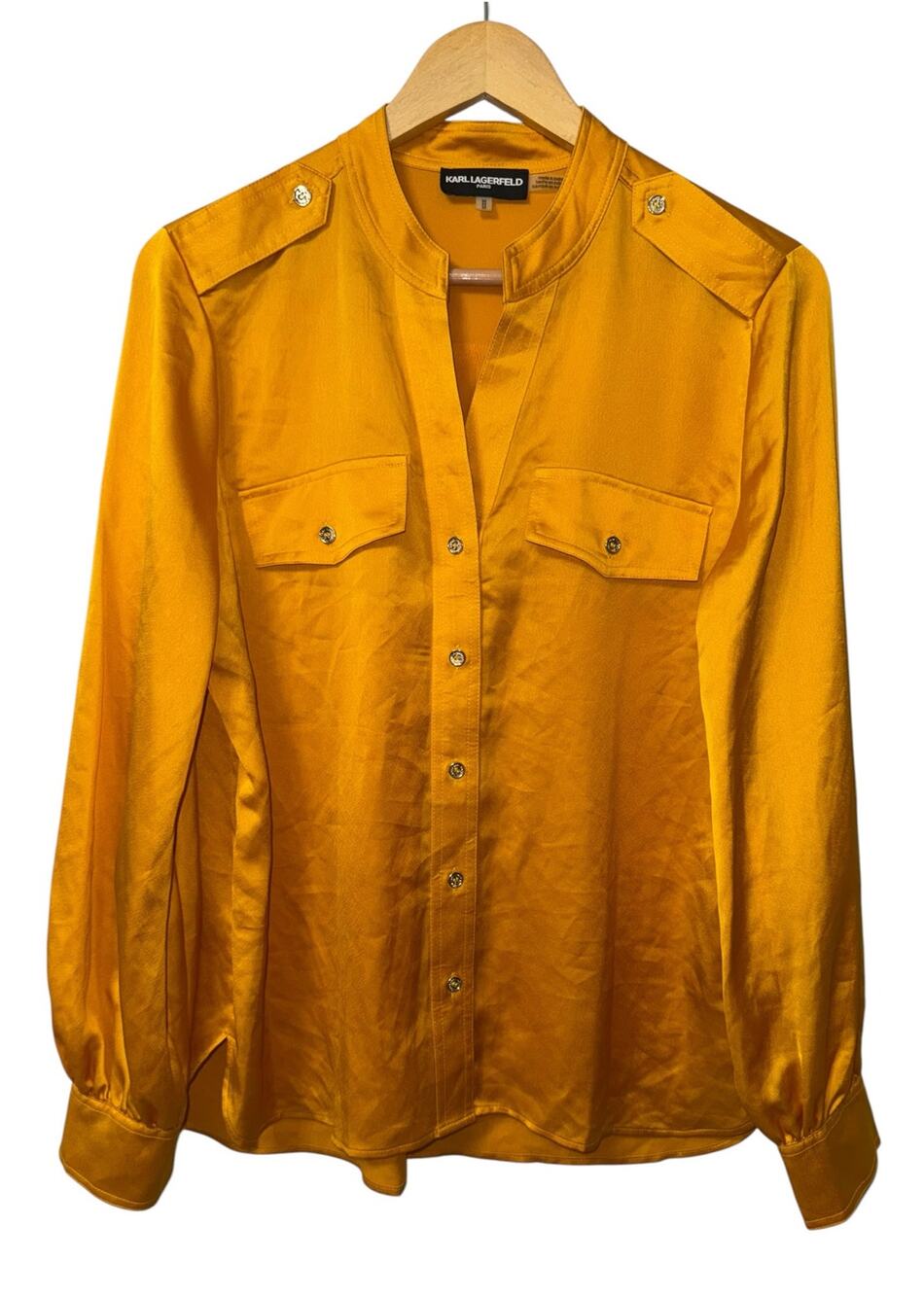 Karl Lagerfeld Paris Satin Top Women's Medium Marigold Yellow Long Sleeve Fall